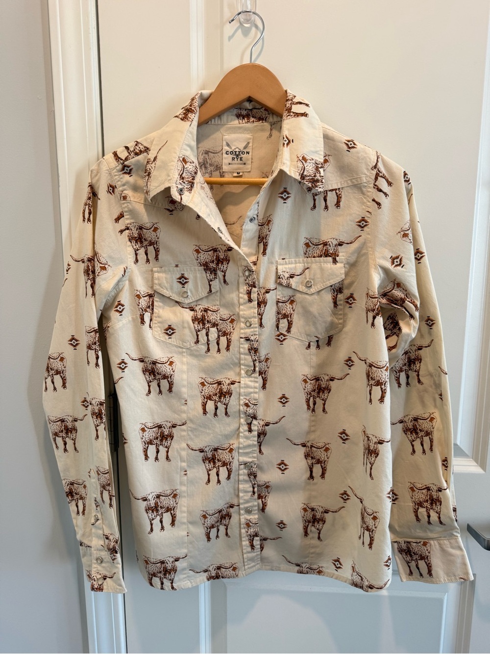 Cotton & Rye 100% Cotton Longhorn Cattle Pearl Snap Western Shirt M